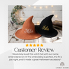 Two witch hats, orange and black, named Mila and Isla, five-star customer review.