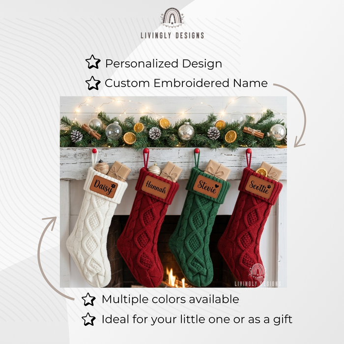 White, red, green, and red knit stockings with leather patches for "Daisy," "Hannah," "Stevie," and "Scottie"