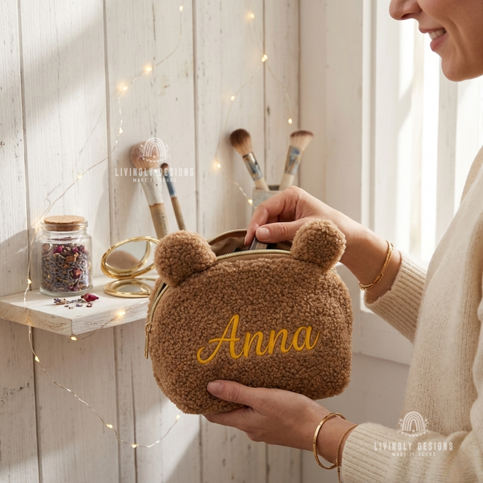 Custom Name Embroidered Plush Bear Travel Pouch