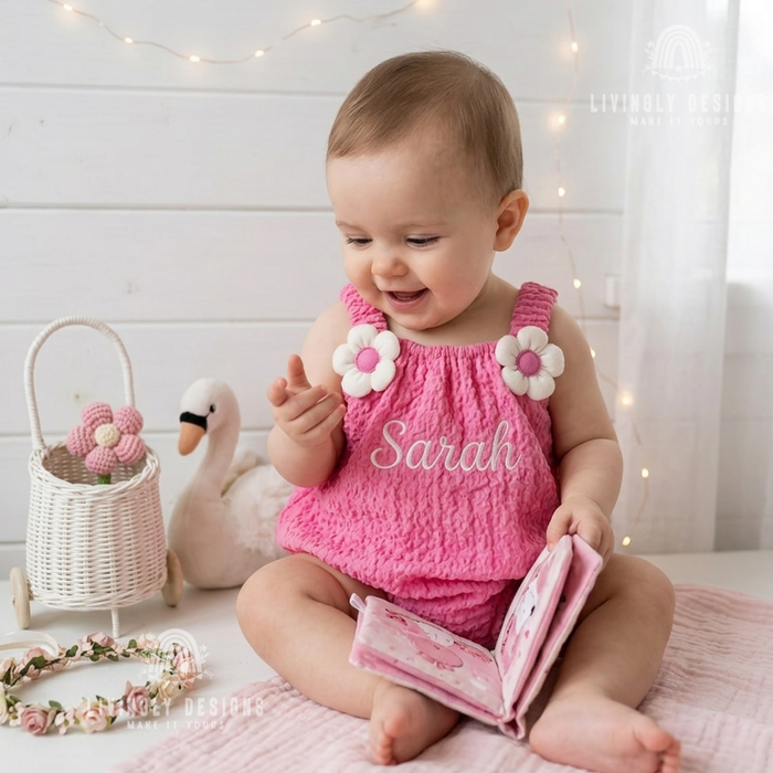 Smiling baby sitting on a pink blanket holding a cloth book, wearing a bright pink textured romper with white flower shoulder accents and the name Sarah embroidered in white