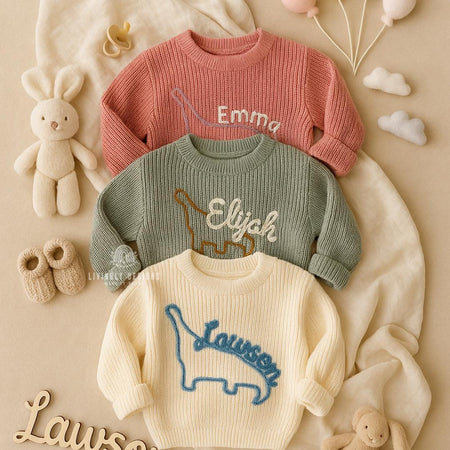 Personalized Dinosaur Baby Sweater | Custom Name Jumper | Hand-Embroidered Toddler Sweater | Baby Gift | Baby Keepsake