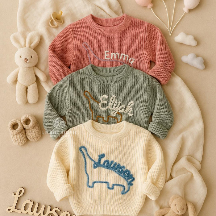 Personalized Dinosaur Baby Sweater | Custom Name Jumper | Hand-Embroidered Toddler Sweater | Baby Gift | Baby Keepsake