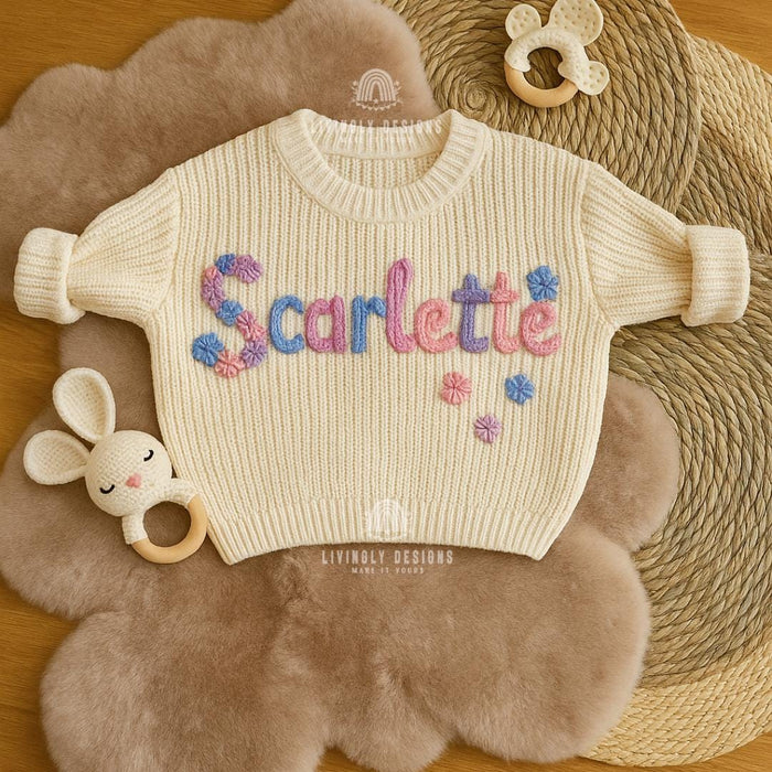 Custom Floral Baby Sweater | Custom Name Jumper | Hand-Embroidered Toddler Sweater | Baby Gift | Baby Keepsake