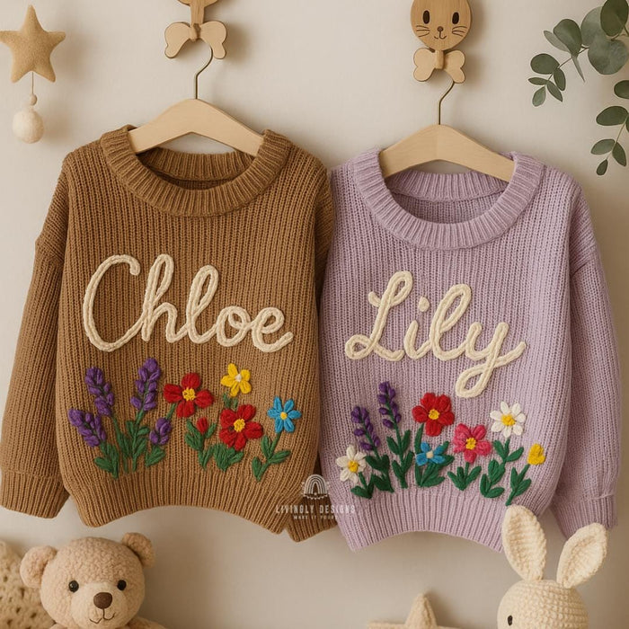 Personalized Name Floral Baby Sweater Jumper | Hand Embroidered Jumper Gift | Custom Baby Sweater | Baby Toddler Sweater | Baby Girl Gift