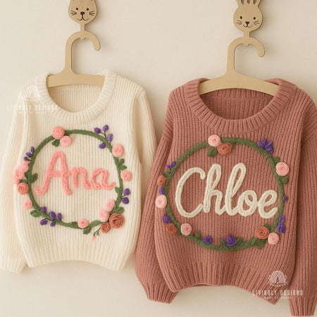 Floral Wreath Personalised Name Baby Sweater Jumper | Hand Embroidered Jumper | Custom Baby Sweater | Baby Toddler Sweater | Baby Gift