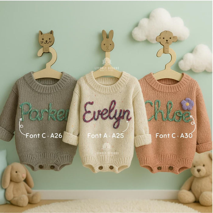 Custom Hand-Embroidered Knit Baby Romper