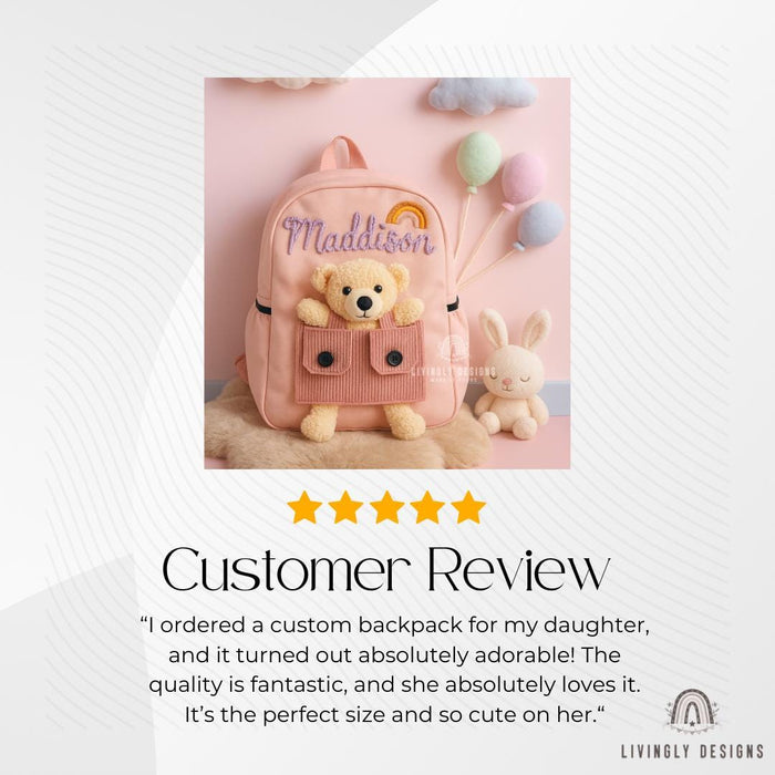 Custom Name Teddy Bear Machine Embroidered Toddler Backpack | Kids School Bag | Back-to-School, Keepsake | Personalized Teddy Backpack