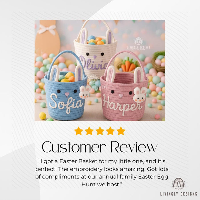 Custom Name Easter Basket For Kids | Personalized Bunny Baskets Gift | Cotton Rope Basket | Custom Boy Girl Easter Basket Egg Hunt Basket