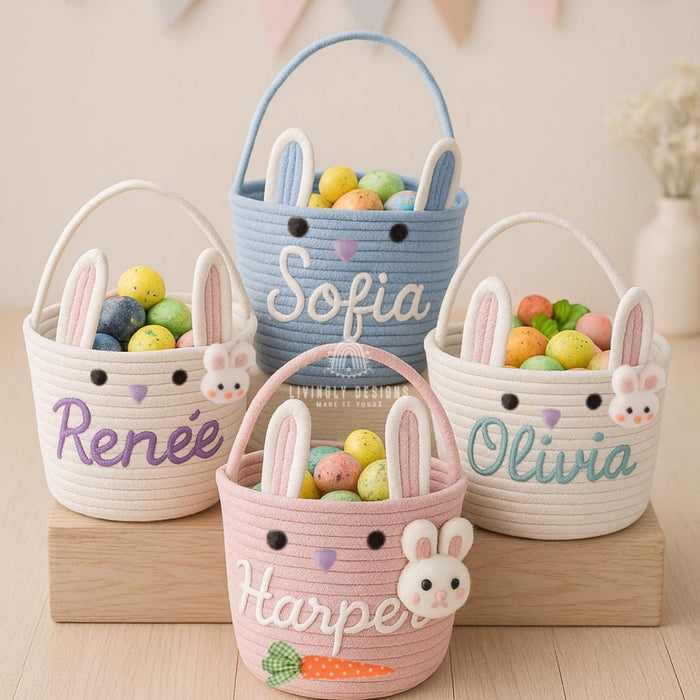 Custom Name Easter Basket For Kids | Personalized Bunny Baskets Baby Shower Gift | Cotton Rope Basket Gift | Custom Boy Girl Easter Basket