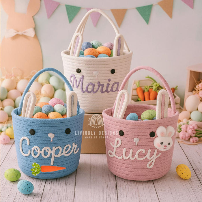 Custom Name Easter Basket For Kids | Personalized Bunny Baskets Gift | Cotton Rope Basket | Custom Boy Girl Easter Basket Egg Hunt Basket