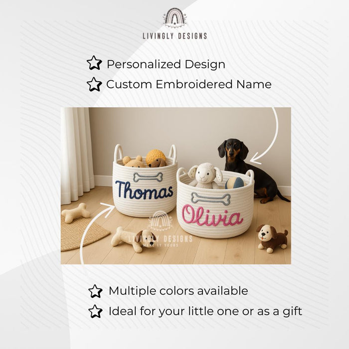 Custom Pet Name Toy Storage Basket | Dog or Cat Pet Toy Storage Bin | Embroidered Pet Gift | Personalized Dog Basket | Home Organizer Gift
