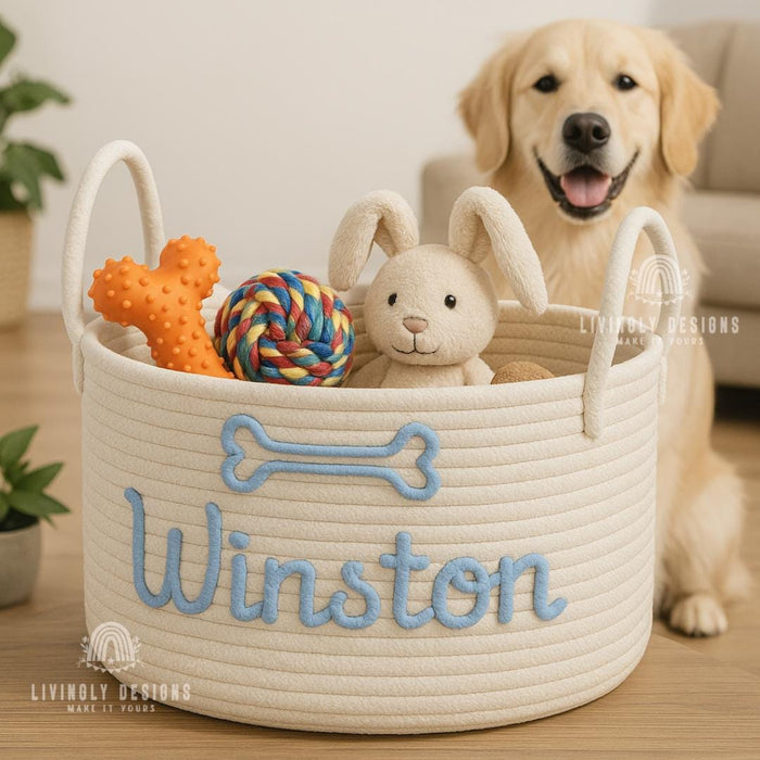 Custom Pet Name Toy Storage Basket | Dog or Cat Pet Toy Storage Bin | Embroidered Pet Gift | Personalized Dog Basket | Home Organizer Gift