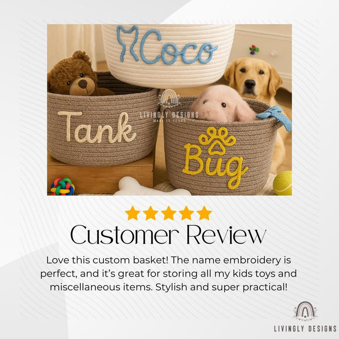 Personalized Name Storage Basket | Custom Rope Bin for Kids Toys & Nursery | Embroidered Organizer | Playroom or Home Decor Gift