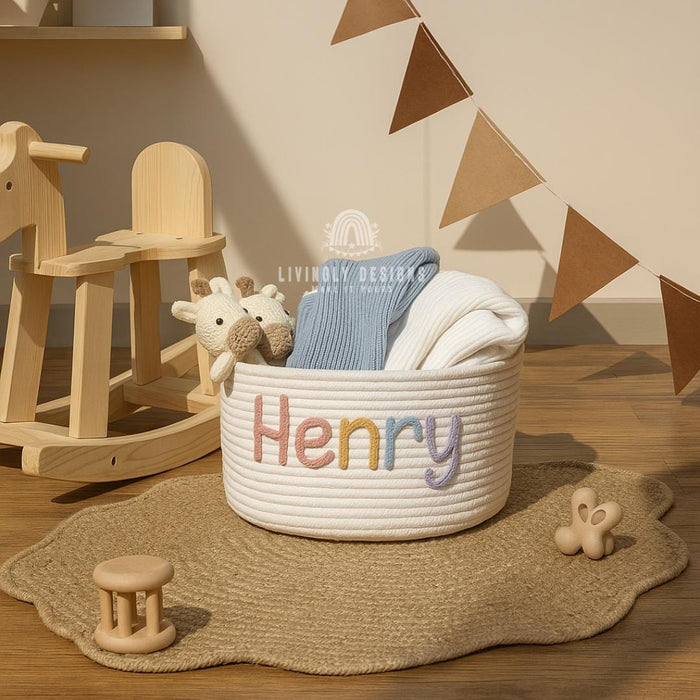 Custom Name Embroidered Rope Basket Nursery Toy Storage