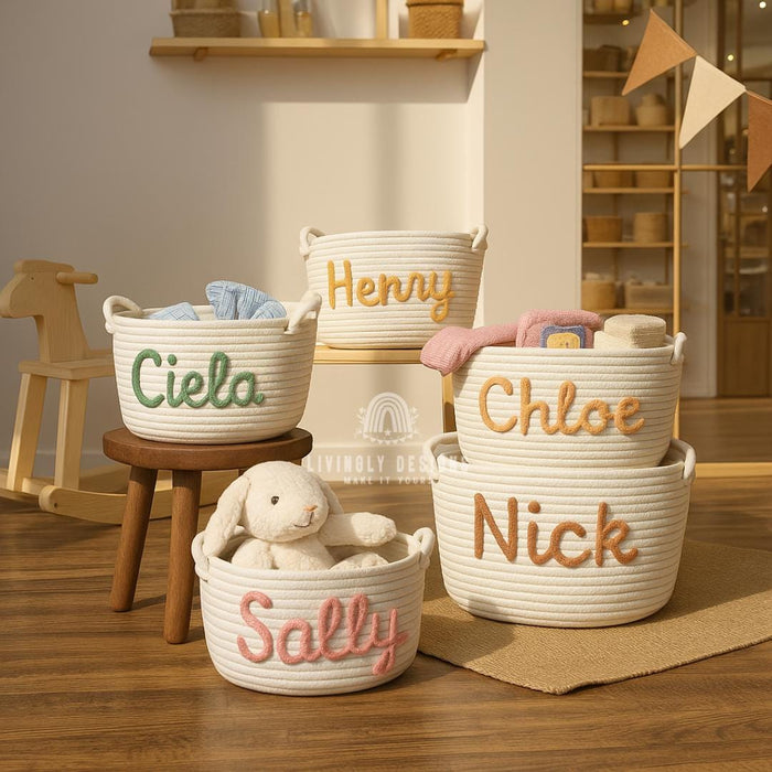 Custom Name Embroidered Rope Basket Nursery Toy Storage
