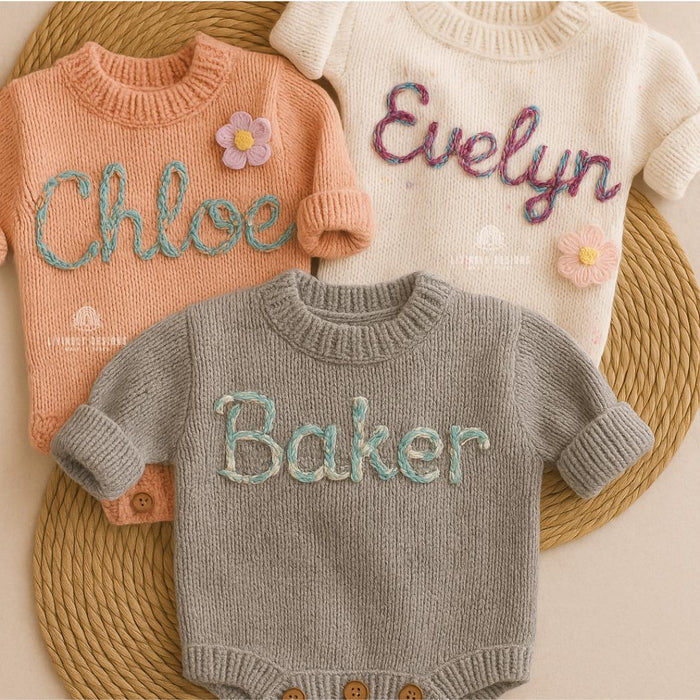 Custom Hand-Embroidered Knit Baby Romper