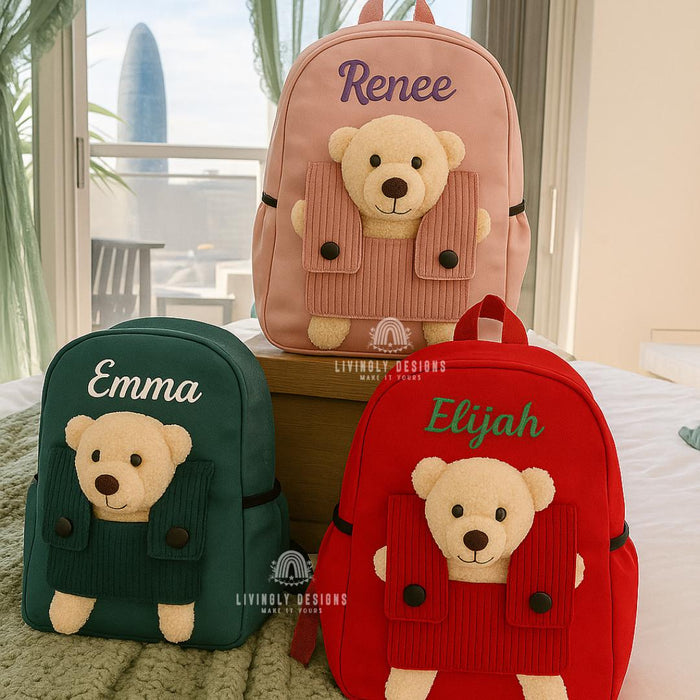 Custom Name Teddy Bear Machine Embroidered Toddler Backpack | Kids School Bag | Back-to-School, Keepsake | Personalized Teddy Backpack