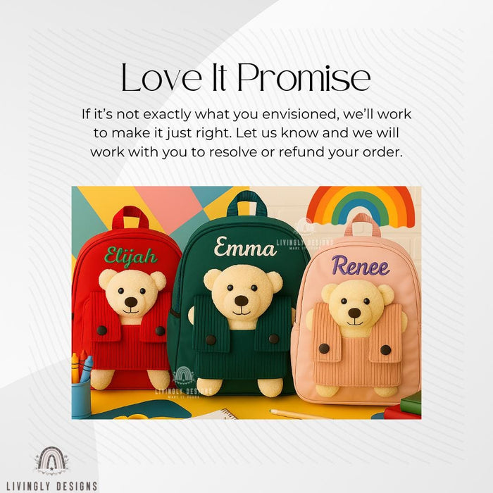 Custom Name Teddy Bear Machine Embroidered Toddler Backpack | Kids School Bag | Back-to-School, Keepsake | Personalized Teddy Backpack