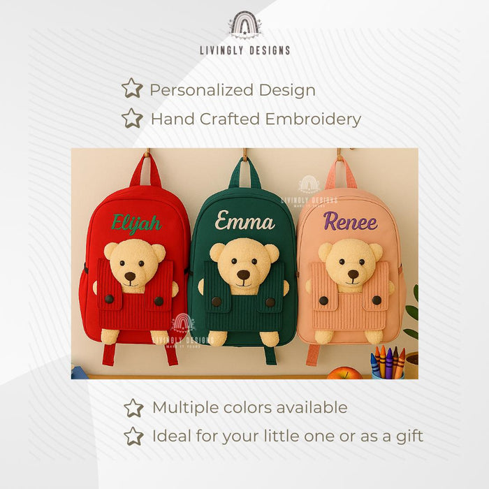 Custom Name Teddy Bear Machine Embroidered Toddler Backpack | Kids School Bag | Back-to-School, Keepsake | Personalized Teddy Backpack