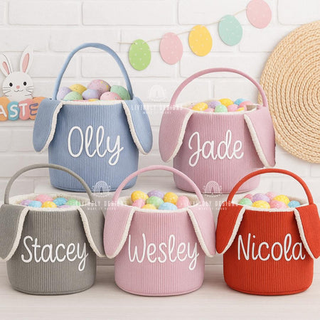 Custom Name Embroidered Bunny Basket | Corduroy Easter Basket for Kids | Easter Egg Hunt Bag | Cute Personalized Gift for Child | Tote Bag