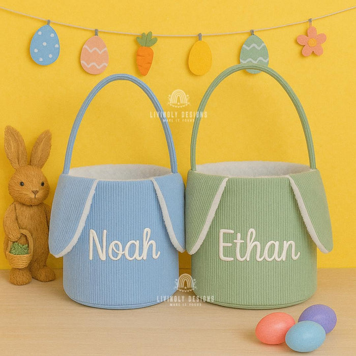 Custom Name Embroidered Bunny Basket | Corduroy Easter Basket for Kids | Easter Egg Hunt Bag | Cute Personalized Gift for Child | Tote Bag