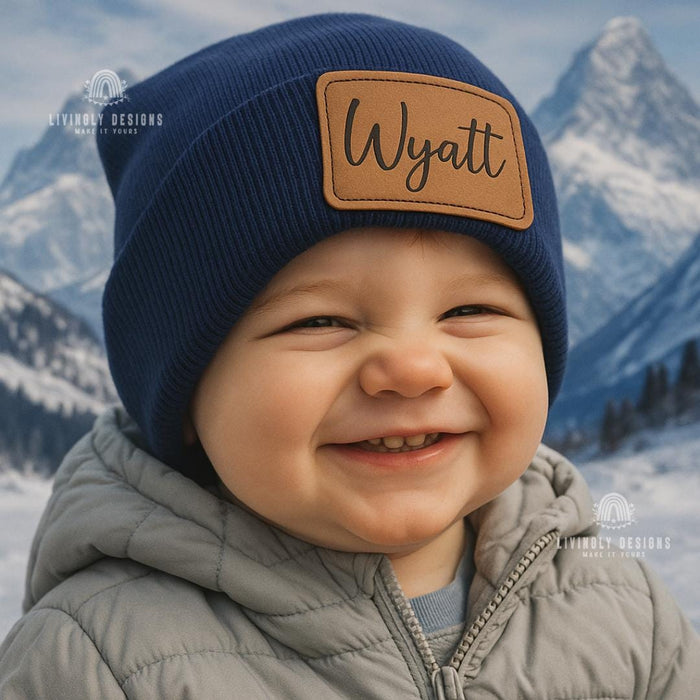 Custom Name Baby Beanie | Leather Patch Hat | Infant Toddler Kids Sizes | Personalized Slouchy Hat | Baby Shower Gift | Birthday Gift