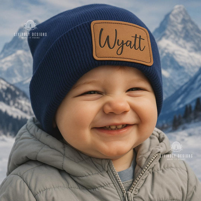 Custom Name Baby & Toddler Beanie Hat | Slouchy Beanie with Leather Patch | Engraved Baby Gift | Baby Shower or Birthday Present