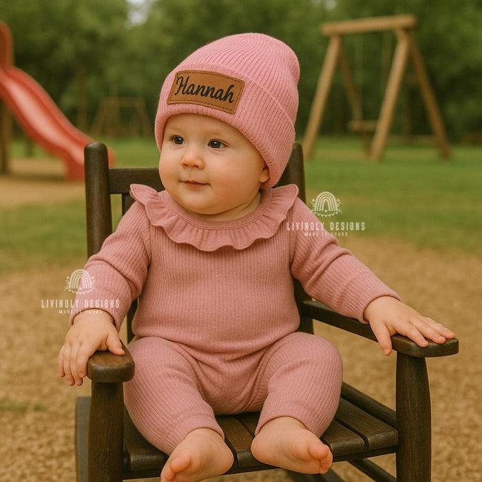 Custom Name Leather Patch Baby Beanie