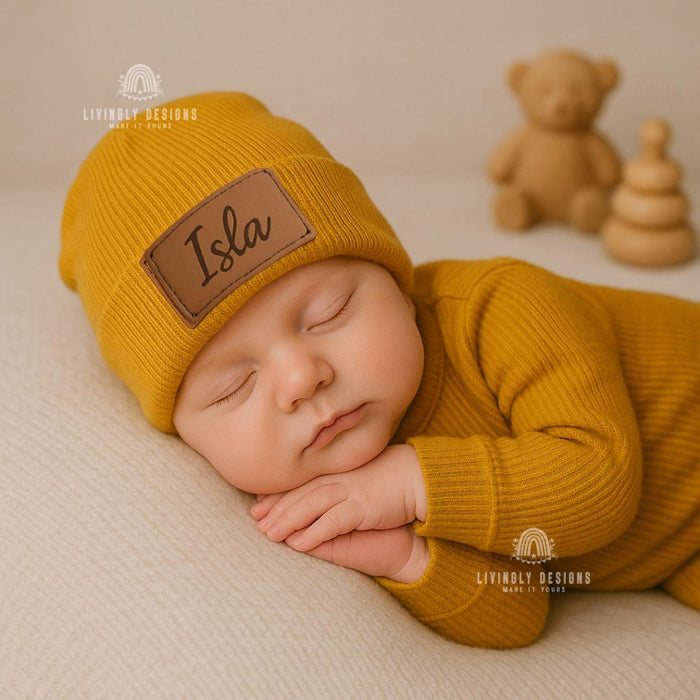Custom Name Baby Beanie | Leather Patch Hat | Infant Toddler Kids Sizes | Personalized Slouchy Hat | Baby Shower Gift | Birthday Gift