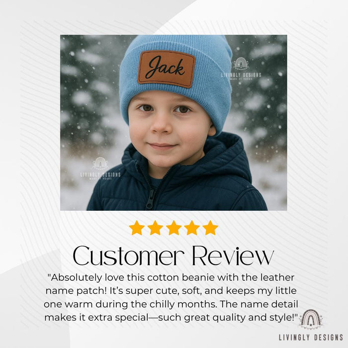 Personalized Baby Name Hat | Custom Leather Patch Beanie for Kids & Toddlers | Baby Gift | Slouchy Hat | Keepsake Newborn Beanie