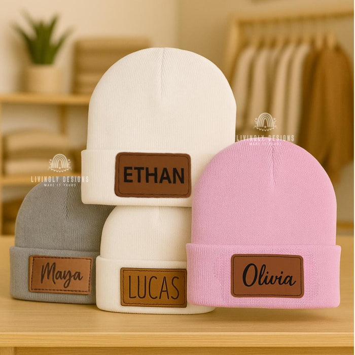 Personalized Baby Name Hat | Custom Leather Patch Beanie for Kids & Toddlers | Baby Gift | Slouchy Hat | Keepsake Newborn Beanie