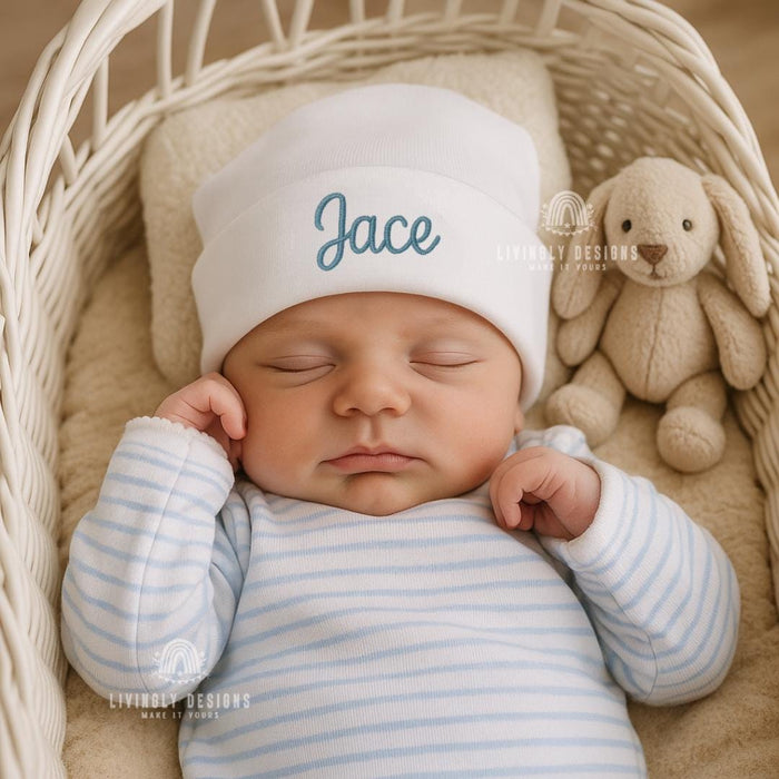 Newborn Baby Name Beanie | Personalized Embroidered Knot Hat, Baby Hospital Cap, Gift for Baby | Custom Infant Hat, Shower Gift, Name Reveal