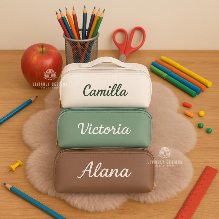 Custom Leather Stationery Bag with Embroidery | School & College Gifts | Pencil Pouch | Travel Case | Personalized Gift for Students, Pouch