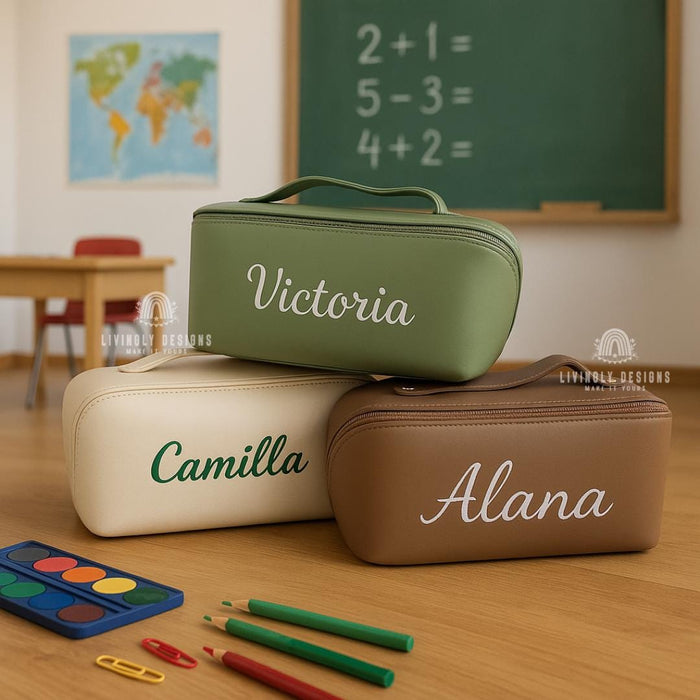 Custom Leather Stationery Bag with Embroidery | School & College Gifts | Pencil Pouch | Travel Case | Personalized Gift for Students, Pouch