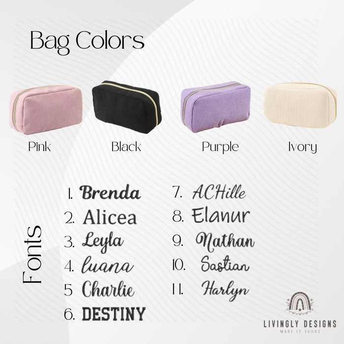 Custom Bridesmaid Gift Makeup Bag, Embroidered Corduroy Travel Organizer, Personalized Name Cosmetic Pouch, Wedding Party Gift Idea