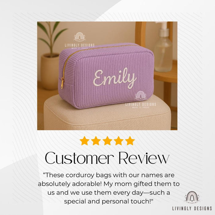 Custom Bridesmaid Gift Makeup Bag, Embroidered Corduroy Travel Organizer, Personalized Name Cosmetic Pouch, Wedding Party Gift Idea