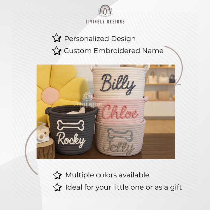 Personalized Name Storage Basket | Custom Rope Bin for Kids Toys & Nursery | Embroidered Organizer | Playroom or Home Decor Gift