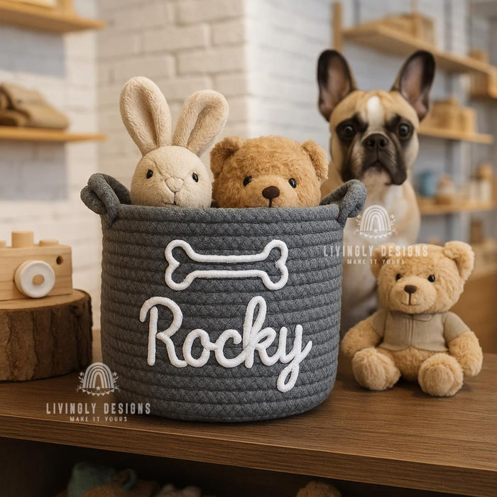 Embroidered Name Toy Storage Basket | Personalized Dog or Cat Storage Bin | Home Storage Solution | Custom Organizer for Pets, Kids & Gifts
