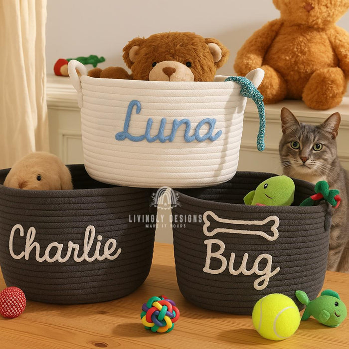 Embroidered Name Toy Storage Basket | Personalized Dog or Cat Storage Bin | Home Storage Solution | Custom Organizer for Pets, Kids & Gifts