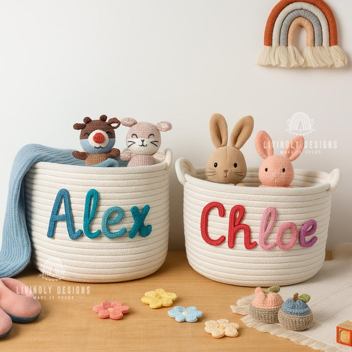 Personalized Name Storage Basket | Custom Rope Bin for Kids Toys & Nursery | Embroidered Organizer | Playroom or Home Decor Gift