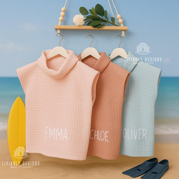 Personalized Kids Hooded Waffle Cotton Poncho Beach Coverup