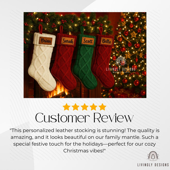 Personalized Name Christmas Stocking with Leather Patch | Family Custom Knit Stockings | Rustic Farmhouse Holiday Decor | Xmas Mantel Gift