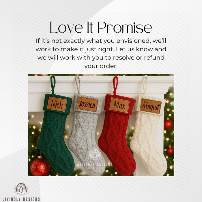 Personalized Name Christmas Stocking with Leather Patch | Family Custom Knit Stockings | Rustic Farmhouse Holiday Decor | Xmas Mantel Gift