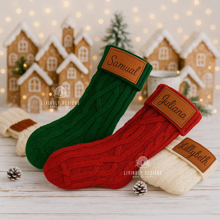 Personalized Name Christmas Stocking with Leather Patch | Family Custom Knit Stockings | Rustic Farmhouse Holiday Decor | Xmas Mantel Gift