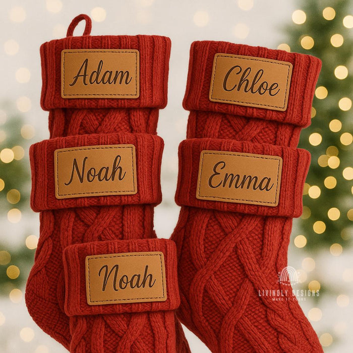 Personalized Name Christmas Stocking with Leather Patch | Family Custom Knit Stockings | Rustic Farmhouse Holiday Decor | Xmas Mantel Gift