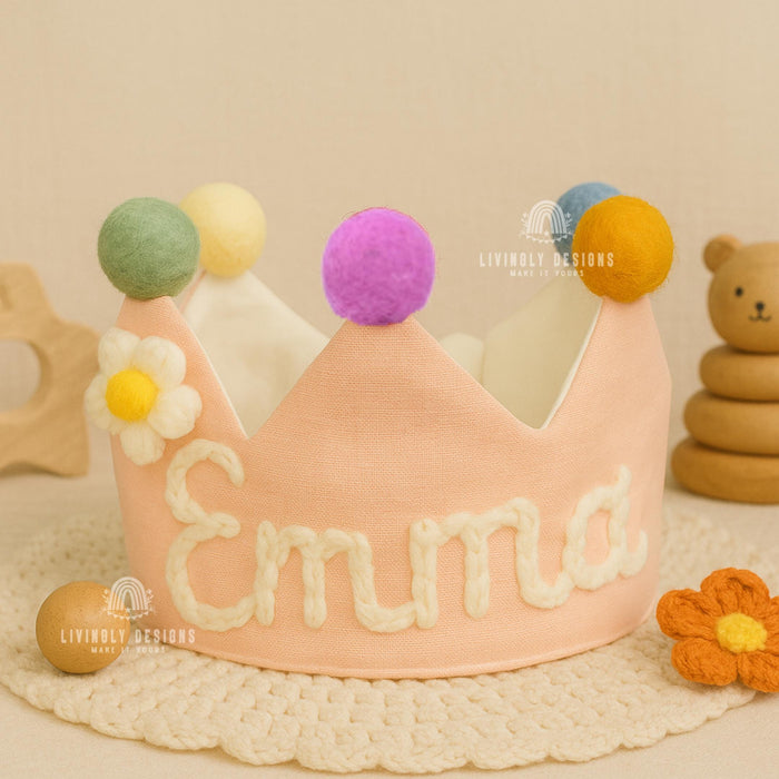 Personalized Name Linen Baby Crown Birthday Party Hat