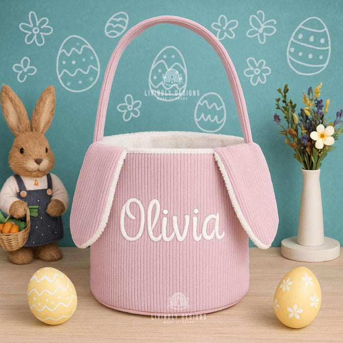 Custom Name Embroidered Bunny Basket | Corduroy Easter Basket for Kids | Easter Egg Hunt Bag | Cute Personalized Gift for Child | Tote Bag