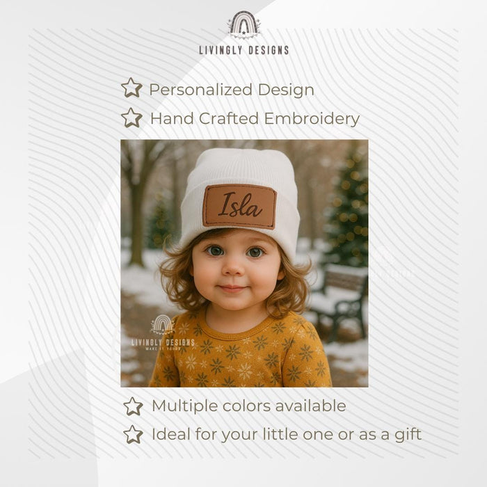 Personalized Baby Name Hat | Custom Leather Patch Beanie for Kids & Toddlers | Baby Gift | Slouchy Hat | Keepsake Newborn Beanie