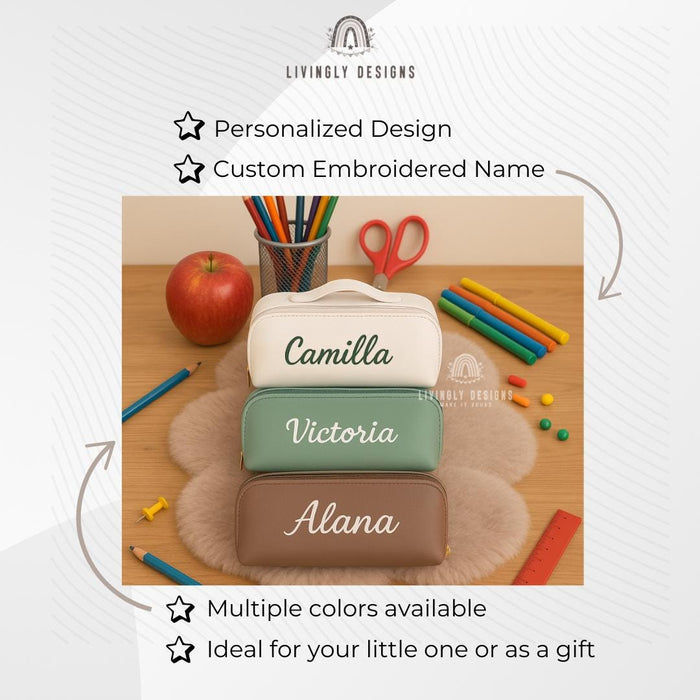 Custom Leather Stationery Bag with Embroidery | School & College Gifts | Pencil Pouch | Travel Case | Personalized Gift for Students, Pouch