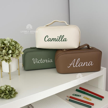 Custom Leather Stationery Bag with Embroidery | School & College Gifts | Pencil Pouch | Travel Case | Personalized Gift for Students, Pouch